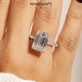 Silver 1.00 Carat D VS1 Emerald Diamond Pavé Engagement Ring with Round Accents and Prong Setting