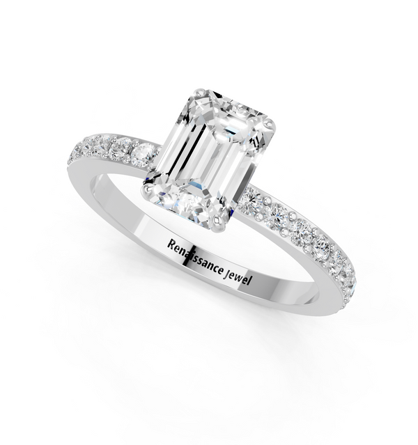 14K White Gold 3.00 Carat F VS1 Emerald Cut Diamond Ring with Pavé Band and Four-Prong Setting