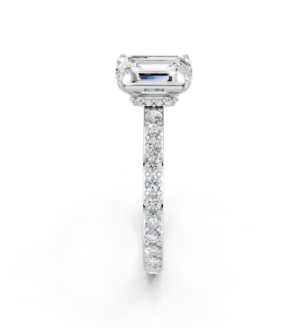 14K White Gold 3.00 Carat F VS1 Emerald Cut Diamond Ring with Pavé Band and Four-Prong Setting