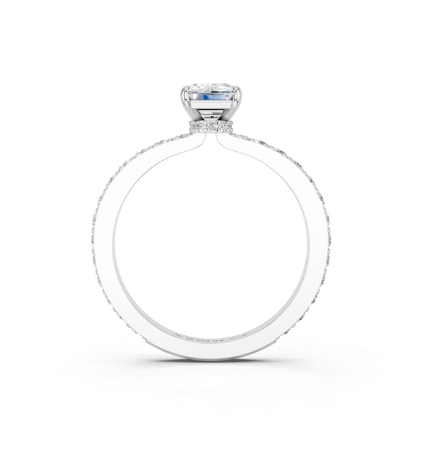 14K White Gold 3.00 Carat F VS1 Emerald Cut Diamond Ring with Pavé Band and Four-Prong Setting