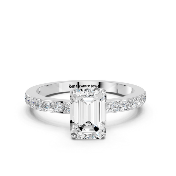 14K White Gold 3.00 Carat F VS1 Emerald Cut Diamond Ring with Pavé Band and Four-Prong Setting