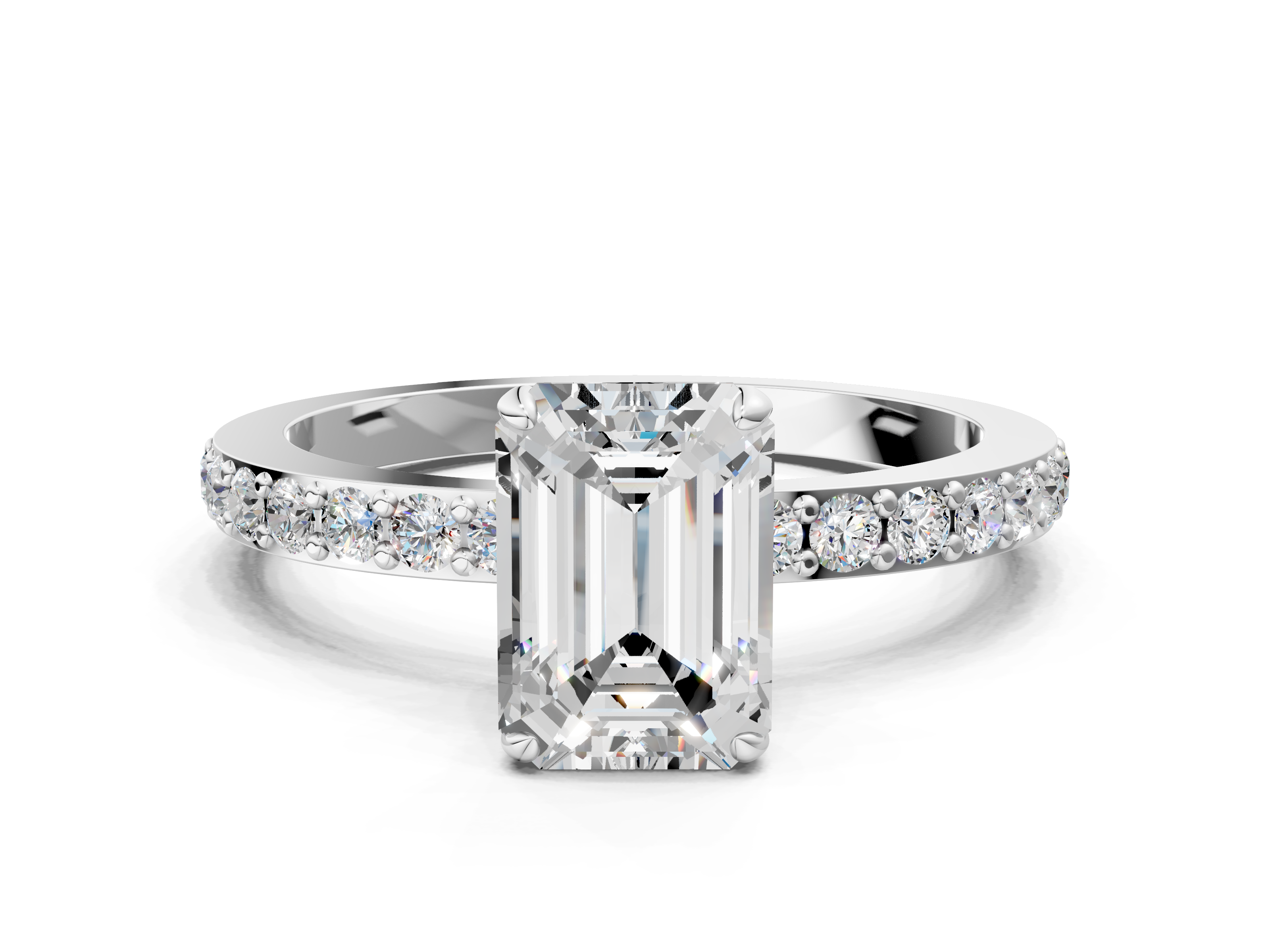 White gold Emerald Cut Diamond Ring with Pavé Band and Four-Prong Setting_92