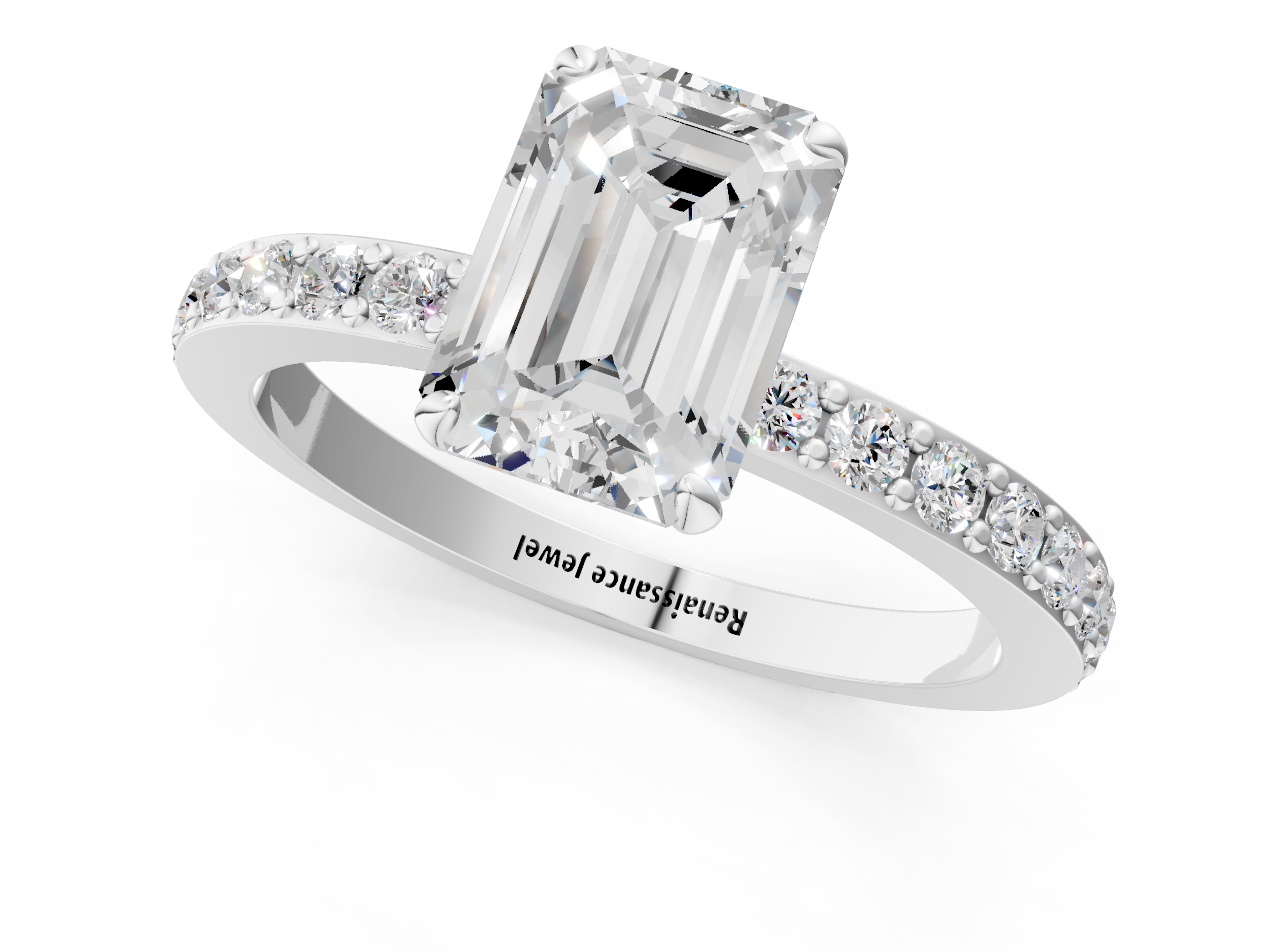 White gold Emerald Cut Diamond Ring with Pavé Band and Four-Prong Setting_93