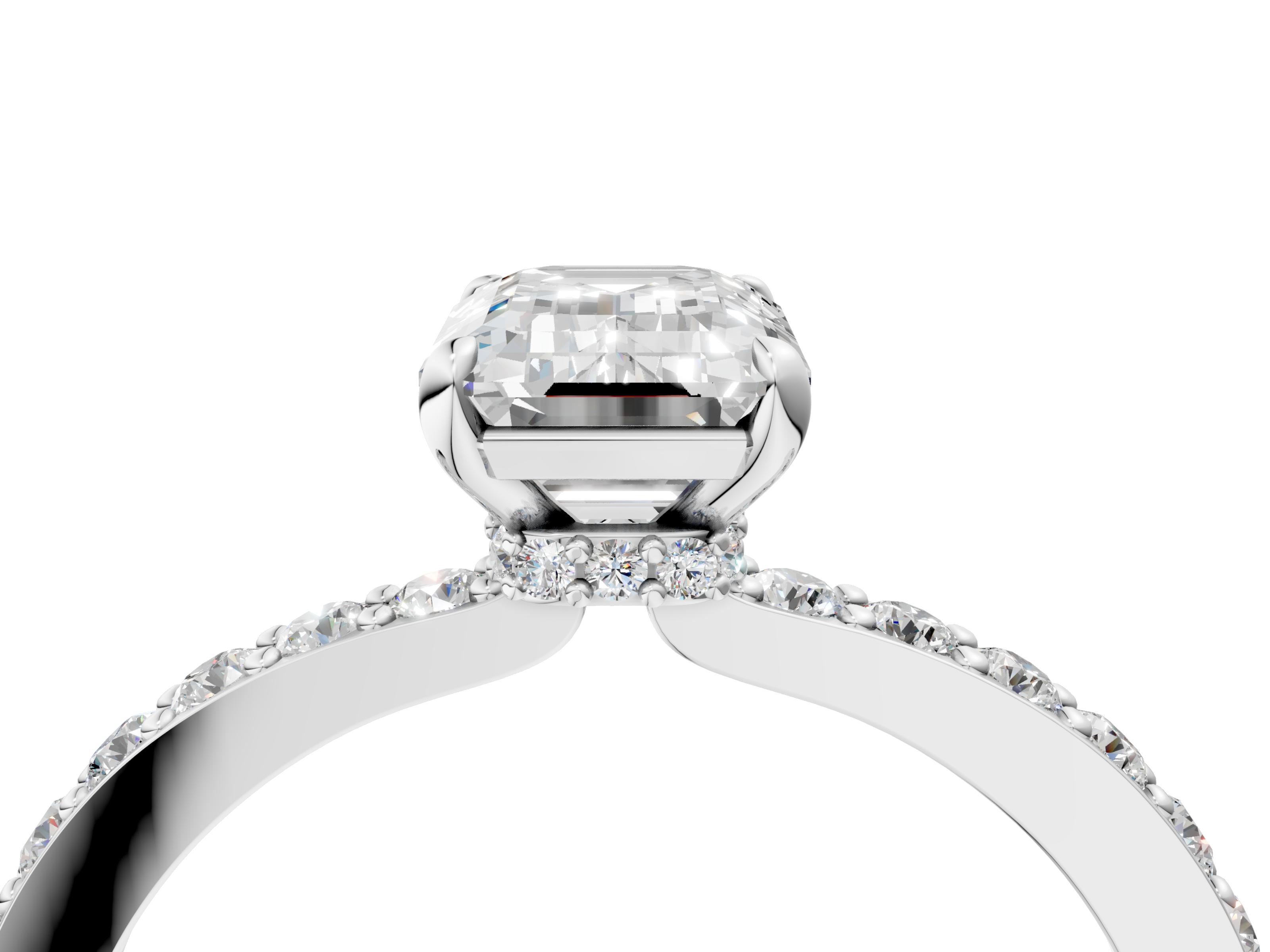 White gold Emerald Cut Diamond Ring with Pavé Band and Four-Prong Setting_96
