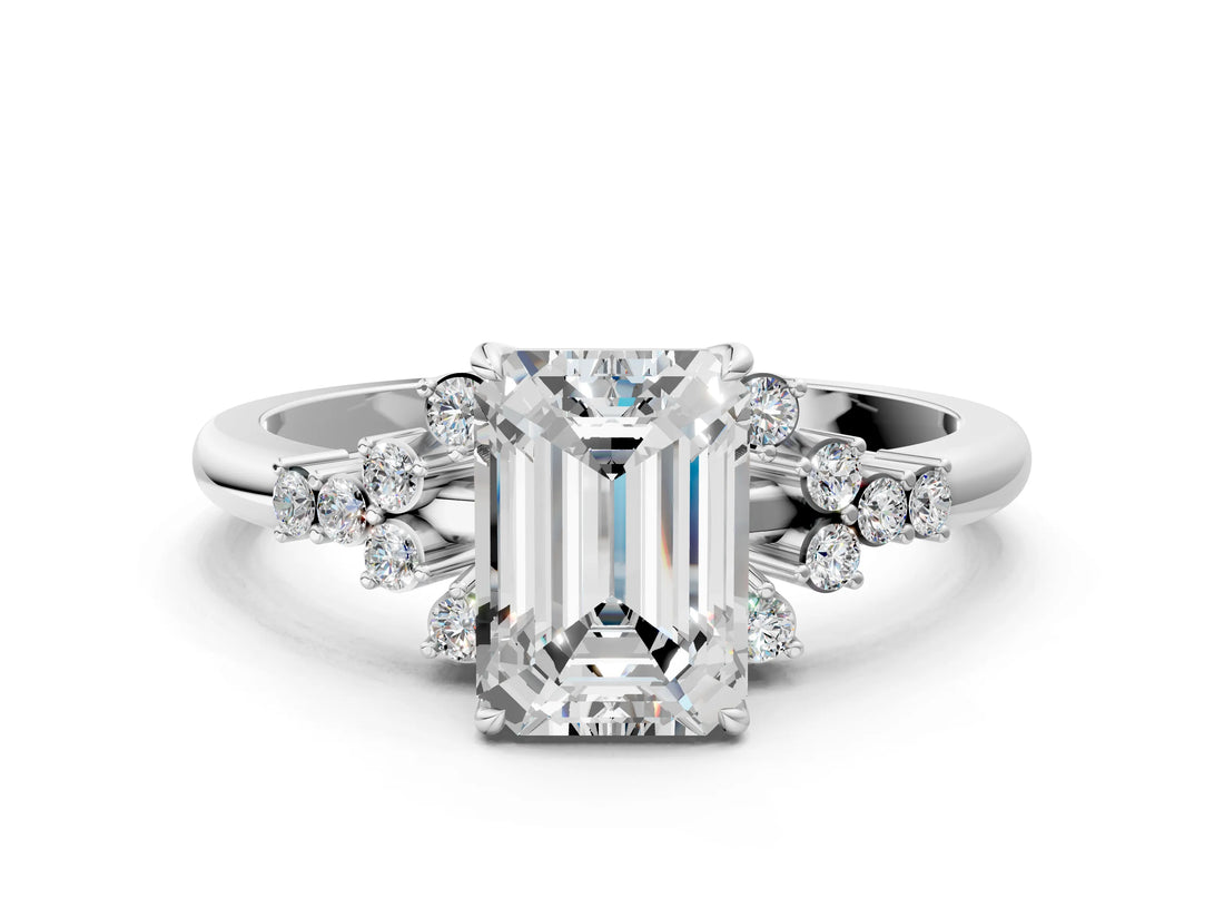 White gold Emerald Cut Diamond Ring with Side Stones and Four-Prong Setting_94
