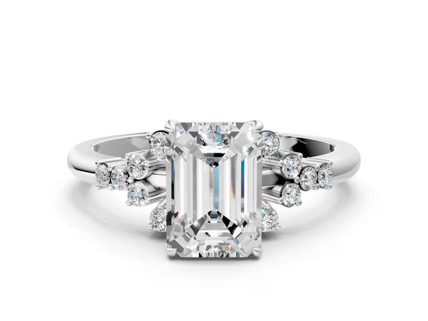 White gold Emerald Cut Diamond Ring with Side Stones and Four-Prong Setting