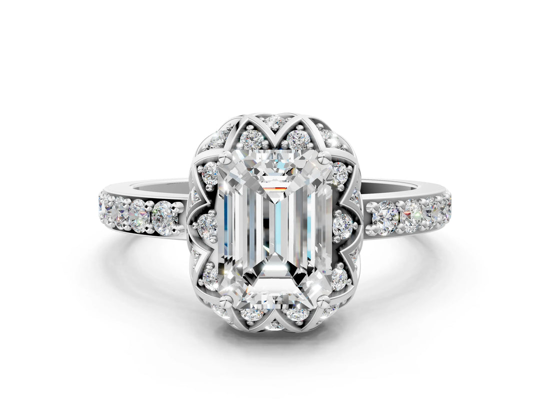 White gold Emerald Cut Diamond Scalloped Halo Engagement Ring with Round Shared Prong Band_12