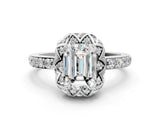 White gold Emerald Cut Diamond Scalloped Halo Engagement Ring with Round Shared Prong Band_12