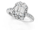 White gold Emerald Cut Diamond Scalloped Halo Engagement Ring with Round Shared Prong Band_13