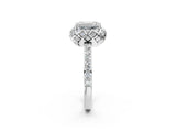 White gold Emerald Cut Diamond Scalloped Halo Engagement Ring with Round Shared Prong Band_14