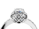 White gold Emerald Cut Diamond Scalloped Halo Engagement Ring with Round Shared Prong Band_16