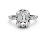 White gold Emerald Cut Diamond Scalloped Halo Engagement Ring with Round Shared Prong Band_24
