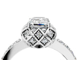 White gold Emerald Cut Diamond Scalloped Halo Engagement Ring with Round Shared Prong Band_28