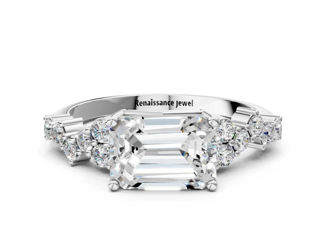 White gold Emerald Cut Diamond Scattered Round Accent Ring with Prong Setting_18
