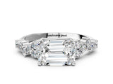 White gold Emerald Cut Diamond Scattered Round Accent Ring with Prong Setting_18