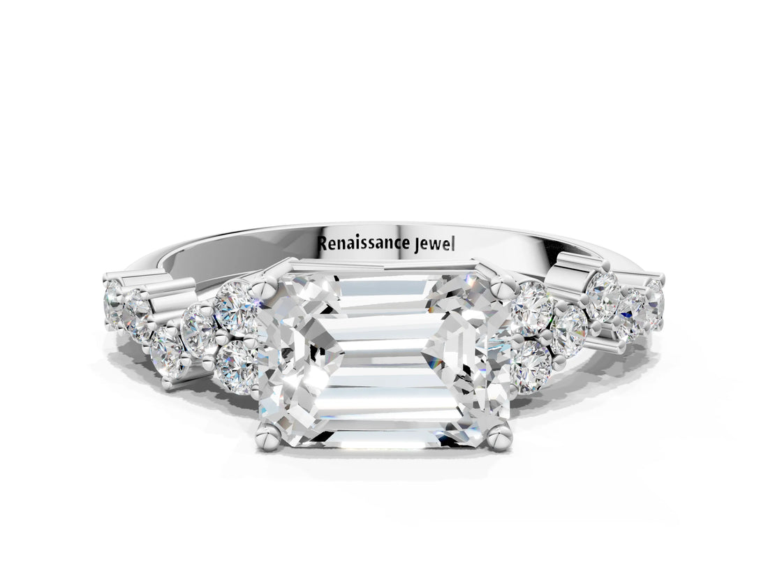White gold Emerald Cut Diamond Scattered Round Accent Ring with Prong Setting_30