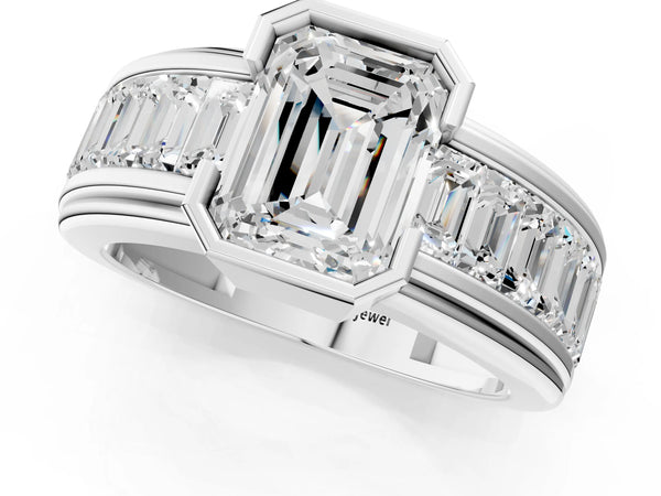 Platinum Emerald Cut Bezel Engagement Ring Setting with Channel-Set Baguette Side Stones