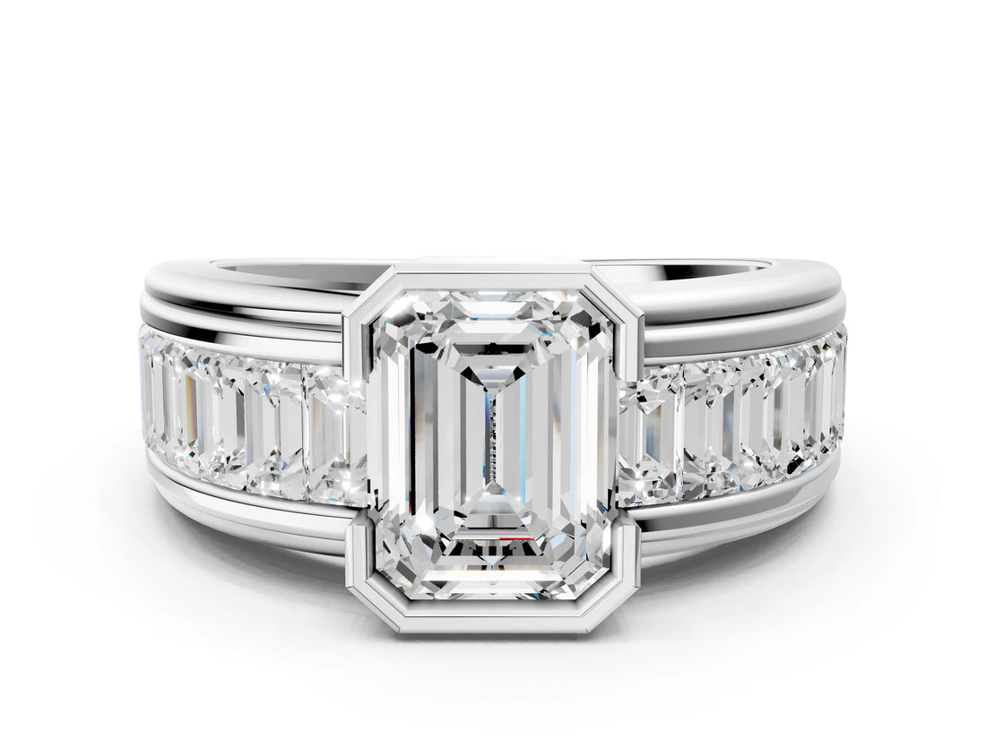 White gold Emerald Cut Diamond Side Stone Engagement Ring
