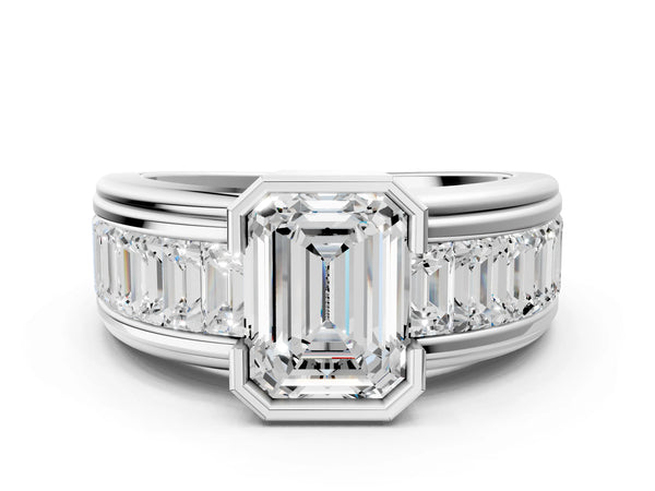 White Gold Emerald Cut Bezel Engagement Ring Setting with Channel-Set Baguette Side Stones