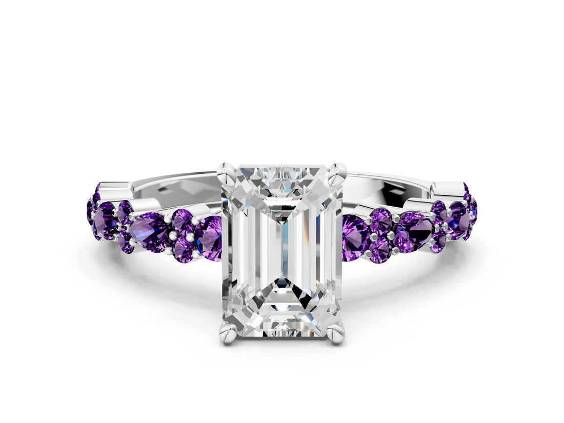 White gold Emerald Cut Diamond Side Stone Solitaire Ring with Round with Amethyst side stone and Four-Prong Setting