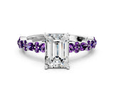 White gold Emerald Cut Diamond Side Stone Solitaire Ring with Round with Amethyst side stone and Four-Prong Setting