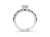 White gold Emerald Cut Diamond Side Stone Solitaire Ring with Round with Amethyst side stone and Four-Prong Setting_15