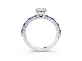 White gold Emerald Cut Diamond Side Stone Solitaire Ring with Round with Amethyst side stone and Four-Prong Setting_3