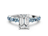 White gold Emerald Cut Diamond Side Stone Solitaire Ring with Round with Aquamarine side stone and Four-Prong Setting