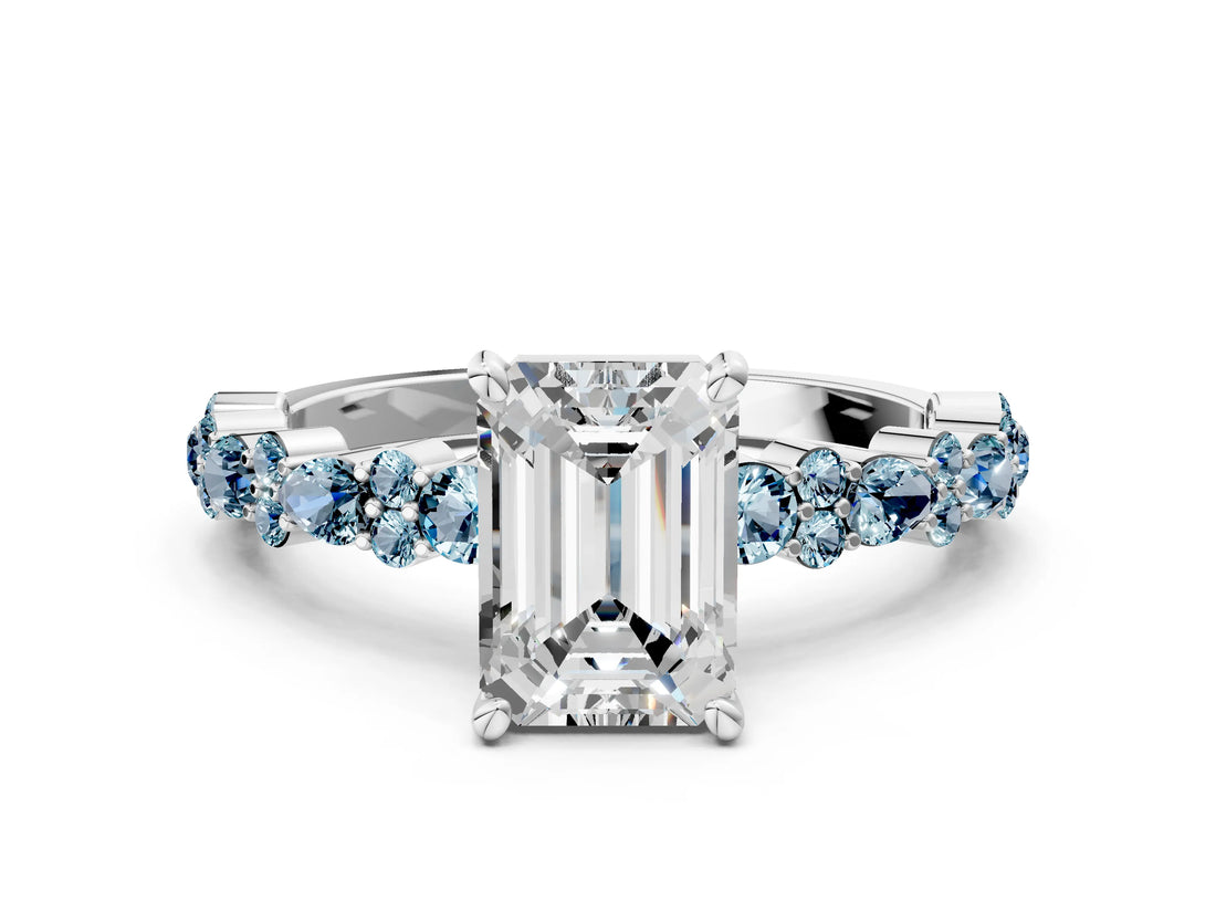 White gold Emerald Cut Diamond Side Stone Solitaire Ring with Round with Aquamarine side stone and Four-Prong Setting_12