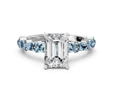 White gold Emerald Cut Diamond Side Stone Solitaire Ring with Round with Aquamarine side stone and Four-Prong Setting_12