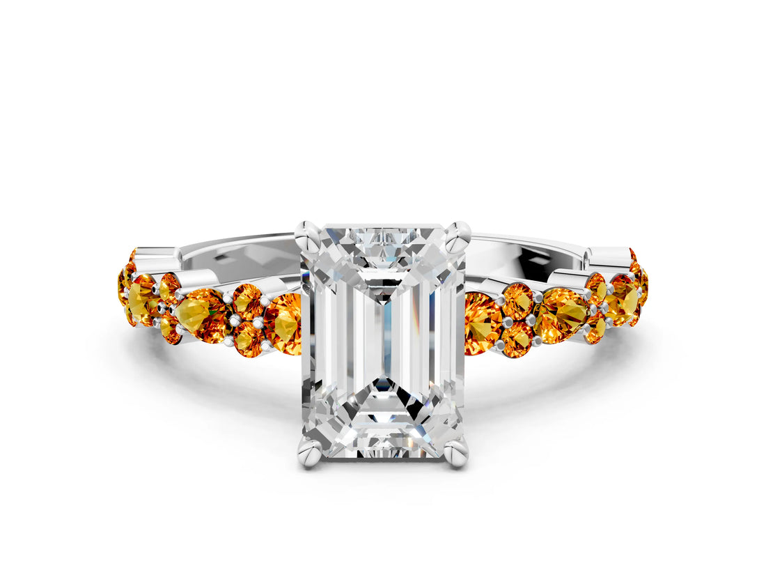 White gold Emerald Cut Diamond Side Stone Solitaire Ring with Round with Citrine side stone and Four-Prong Setting