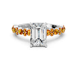 White gold Emerald Cut Diamond Side Stone Solitaire Ring with Round with Citrine side stone and Four-Prong Setting