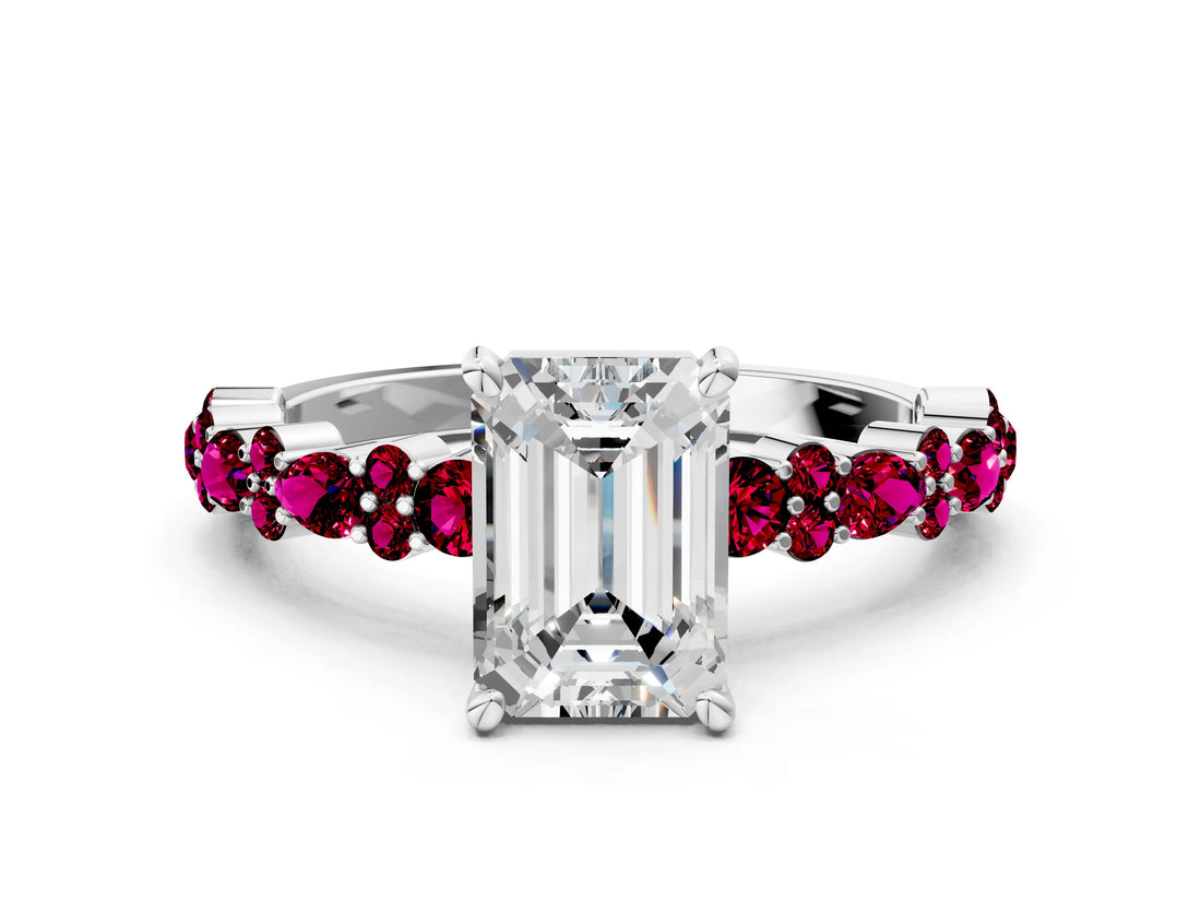 White gold Emerald Cut Diamond Side Stone Solitaire Ring with Round with Garnet side stone and Four-Prong Setting