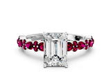 White gold Emerald Cut Diamond Side Stone Solitaire Ring with Round with Garnet side stone and Four-Prong Setting