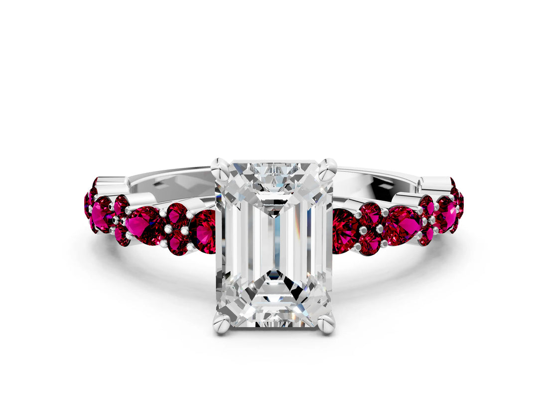 White gold Emerald Cut Diamond Side Stone Solitaire Ring with Round with Garnet side stone and Four-Prong Setting_18