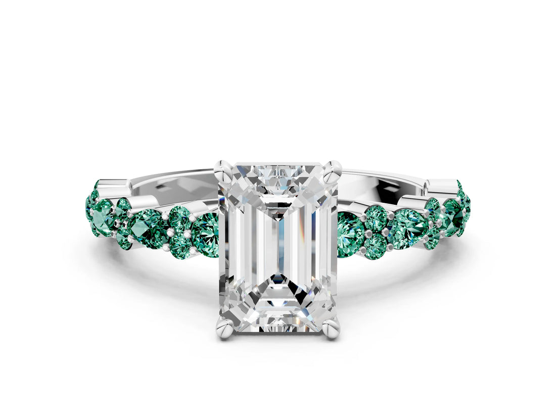 White gold Emerald Cut Diamond Side Stone Solitaire Ring with Round with Green Sapphire side stone and Four-Prong Setting