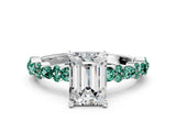 White gold Emerald Cut Diamond Side Stone Solitaire Ring with Round with Green Sapphire side stone and Four-Prong Setting