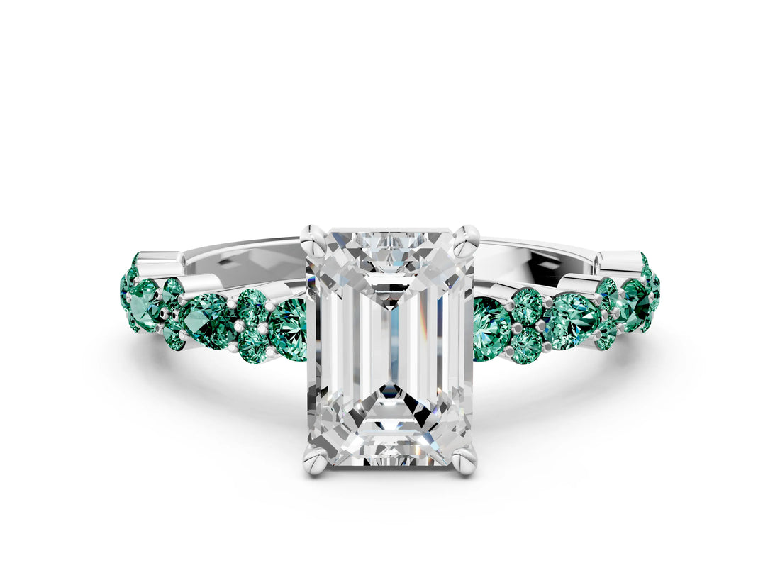 White gold Emerald Cut Diamond Side Stone Solitaire Ring with Round with Green Sapphire side stone and Four-Prong Setting_12