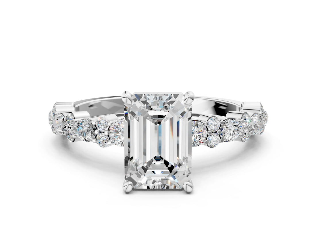 White gold Emerald Cut Diamond Side Stone Solitaire Ring with Round with Moissanite side stone and Four-Prong Setting