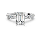 White gold Emerald Cut Diamond Side Stone Solitaire Ring with Round with Moissanite side stone and Four-Prong Setting