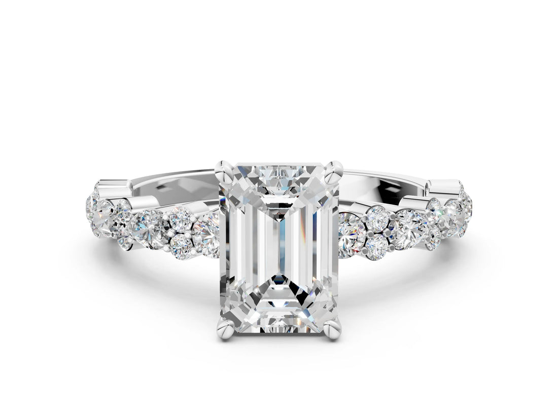 White gold Emerald Cut Diamond Side Stone Solitaire Ring with Round with Moissanite side stone and Four-Prong Setting