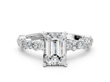 White gold Emerald Cut Diamond Side Stone Solitaire Ring with Round with Moissanite side stone and Four-Prong Setting