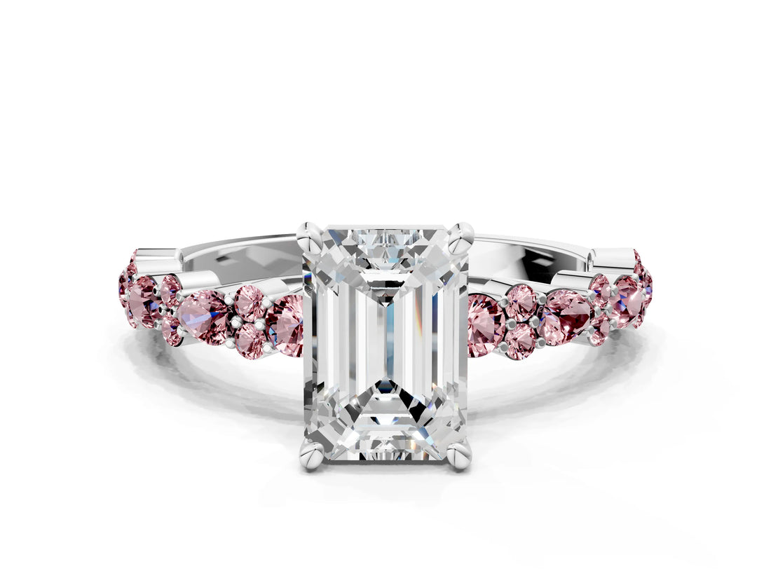 White gold Emerald Cut Diamond Side Stone Solitaire Ring with Round with Morganite side stone and Four-Prong Setting