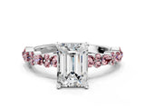 White gold Emerald Cut Diamond Side Stone Solitaire Ring with Round with Morganite side stone and Four-Prong Setting