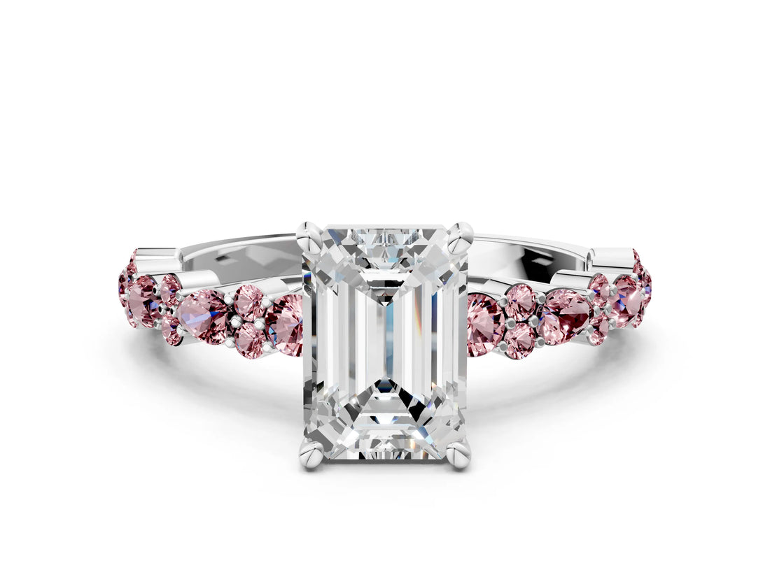 White gold Emerald Cut Diamond Side Stone Solitaire Ring with Round with Morganite side stone and Four-Prong Setting
