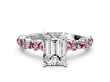 White gold Emerald Cut Diamond Side Stone Solitaire Ring with Round with Morganite side stone and Four-Prong Setting