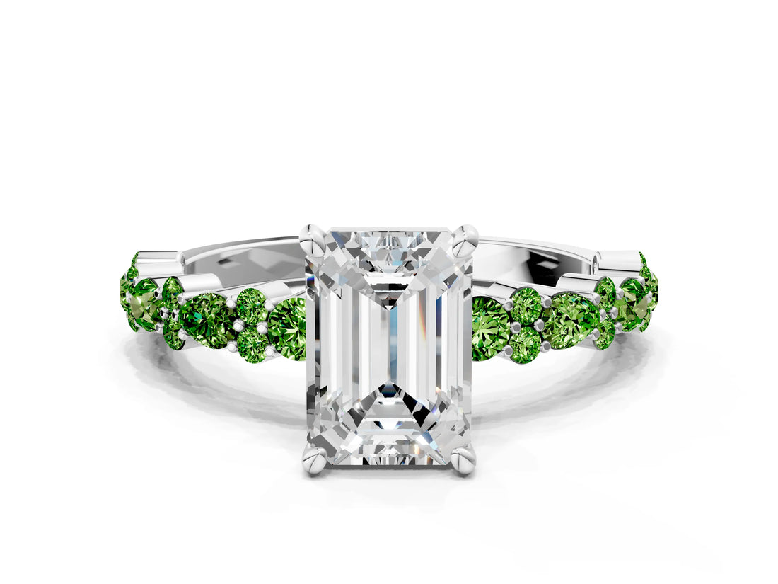 White gold Emerald Cut Diamond Side Stone Solitaire Ring with Round with Peridot side stone and Four-Prong Setting