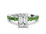 White gold Emerald Cut Diamond Side Stone Solitaire Ring with Round with Peridot side stone and Four-Prong Setting