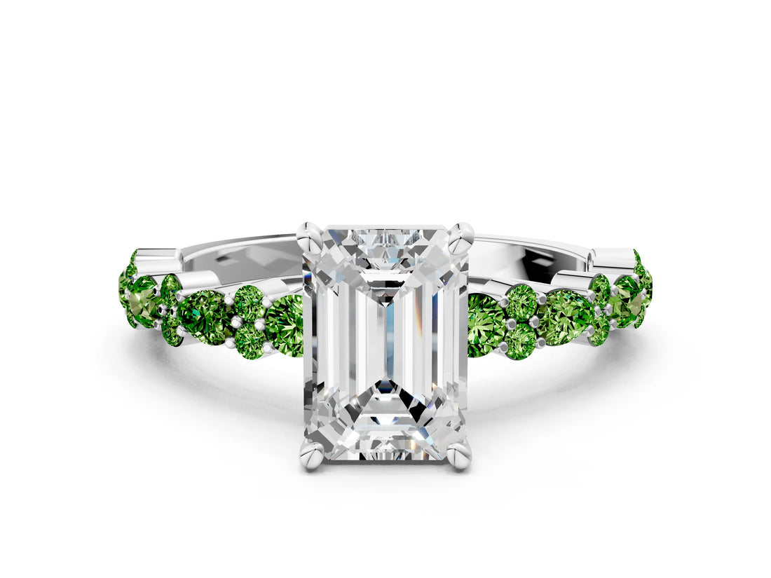 White gold Emerald Cut Diamond Side Stone Solitaire Ring with Round with Peridot side stone and Four-Prong Setting_12