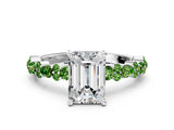 White gold Emerald Cut Diamond Side Stone Solitaire Ring with Round with Peridot side stone and Four-Prong Setting